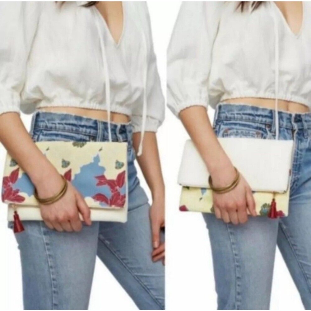 Rachel Pally Anthropology Bag Reversible Clutch Floral Bloom Cream Fold Over